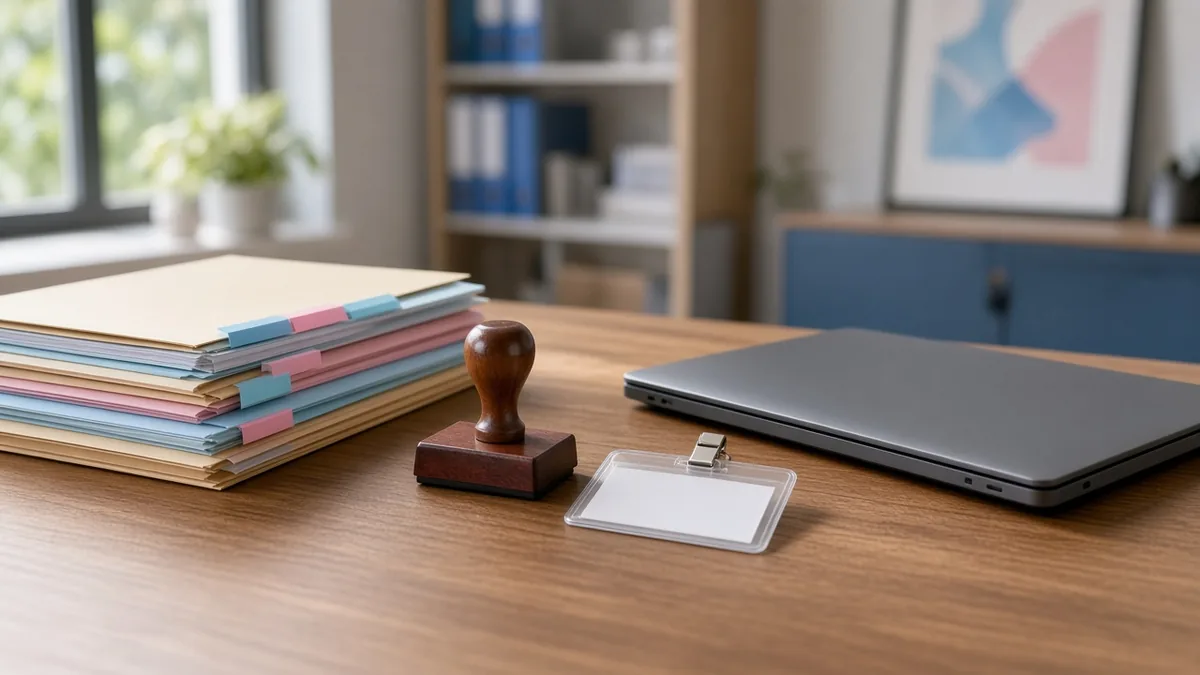 Organised compliance documents and folders on a desk