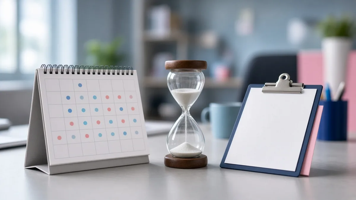 Calendar and hourglass representing a licensing timeline