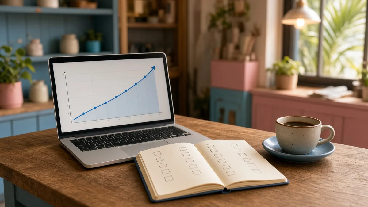 Small business owner planning growth with a laptop and notebook