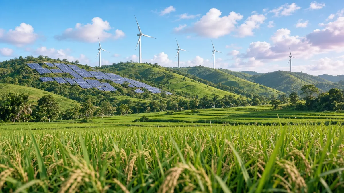 Solar panels and wind turbines over Philippine countryside