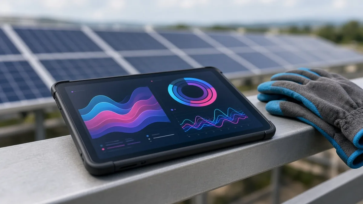 Energy monitoring dashboard on a tablet in a solar installation