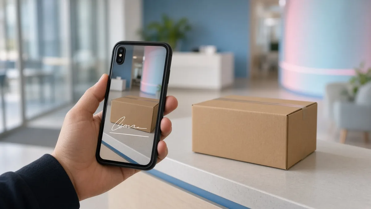 Courier's phone capturing proof of delivery at a business reception