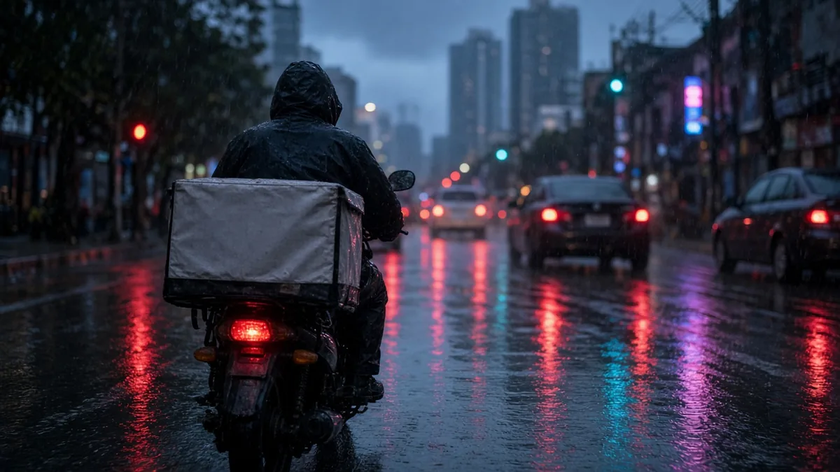 Delivery rider navigating rainy Metro Manila traffic