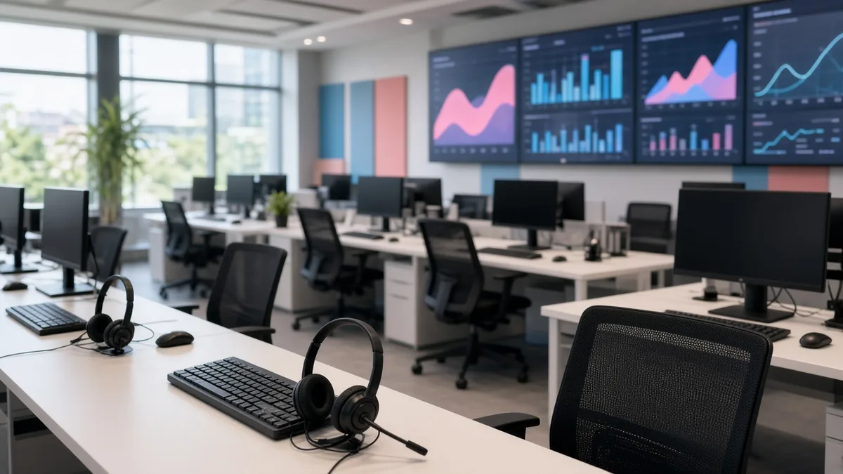 Customer support team workspace with headsets and dashboards