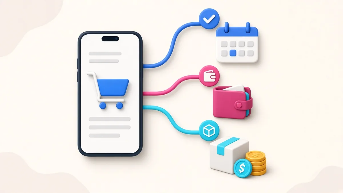 Illustration of e-commerce checkout options: installments, e-wallets and cash on delivery