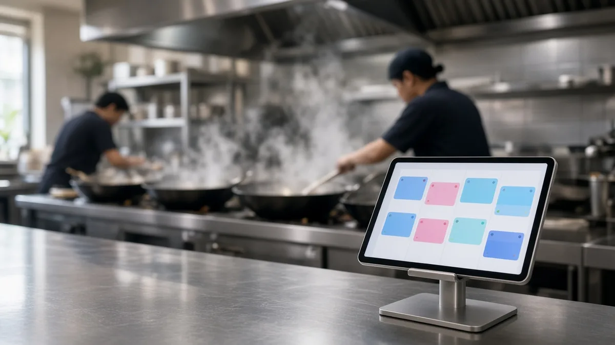 Busy restaurant kitchen with an order screen showing queued orders
