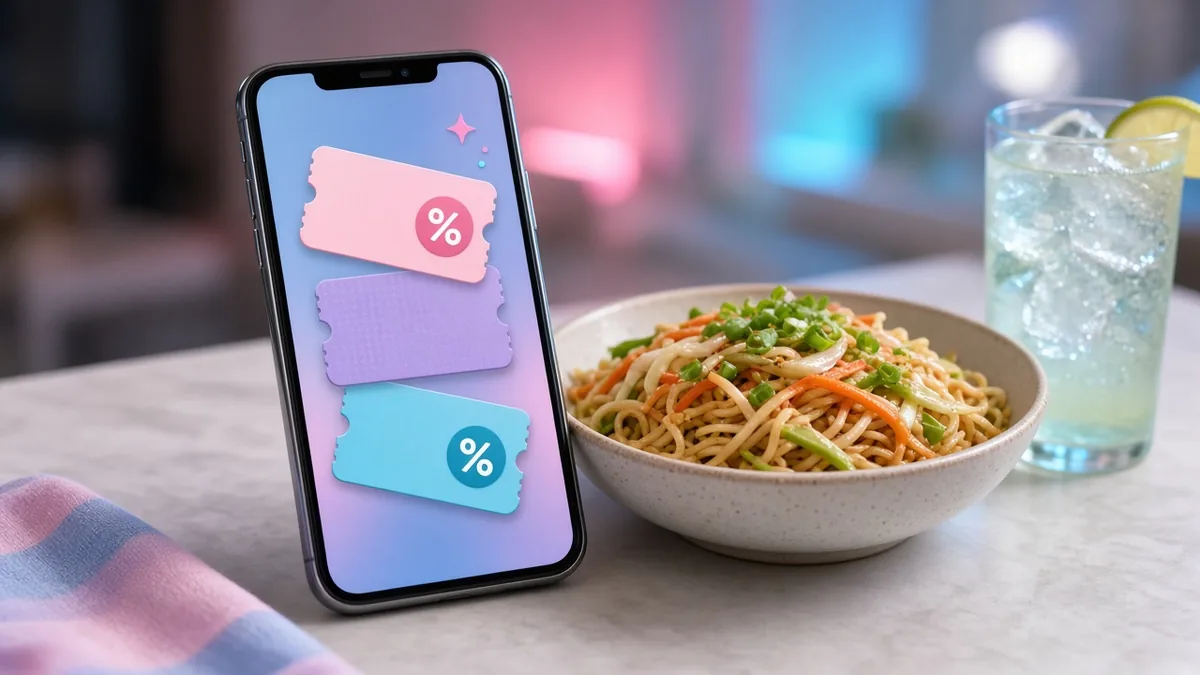 Phone showing food voucher promotions next to a meal