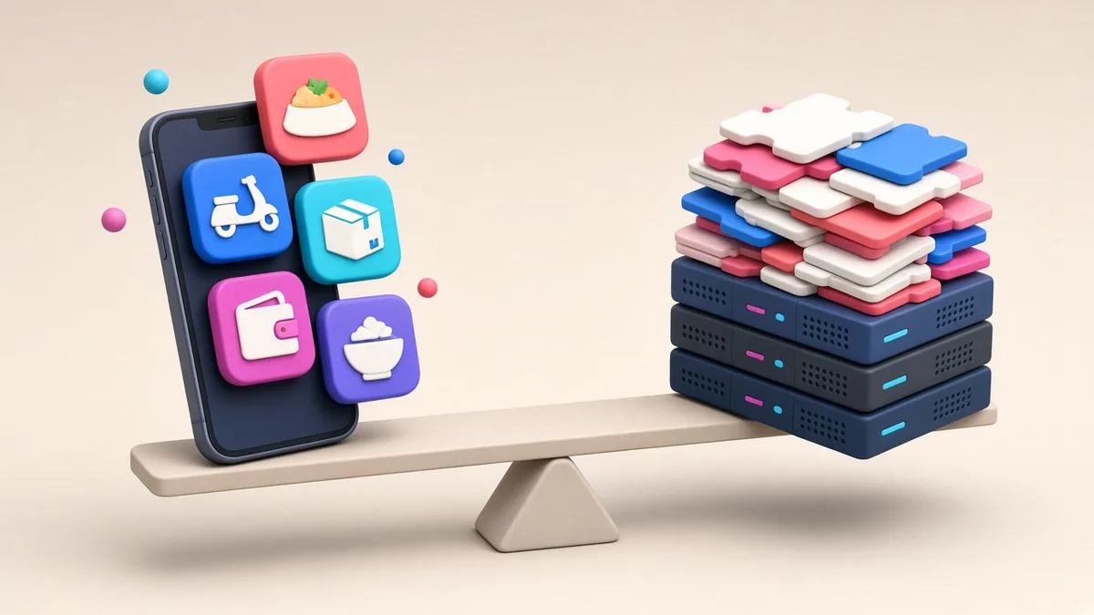 Illustration of a super app with many services and growing hidden costs