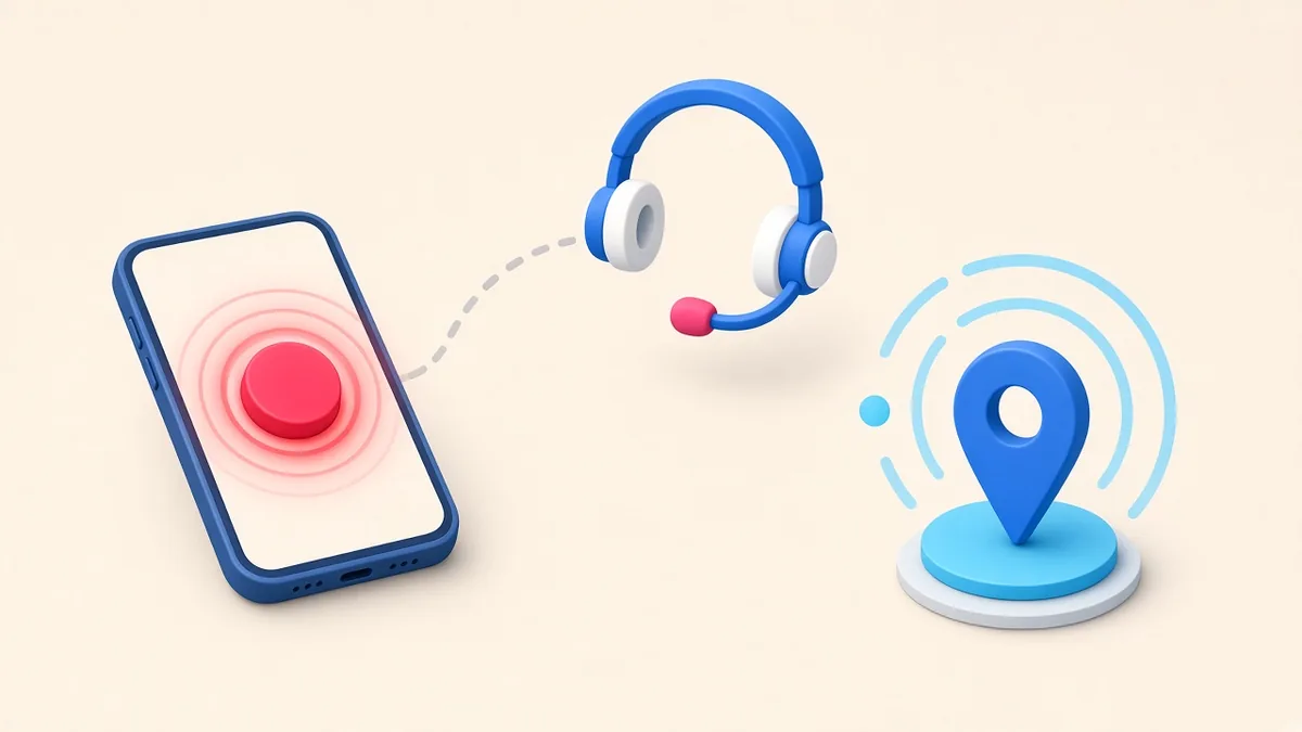 Illustration of an emergency button and safety response in a ride app