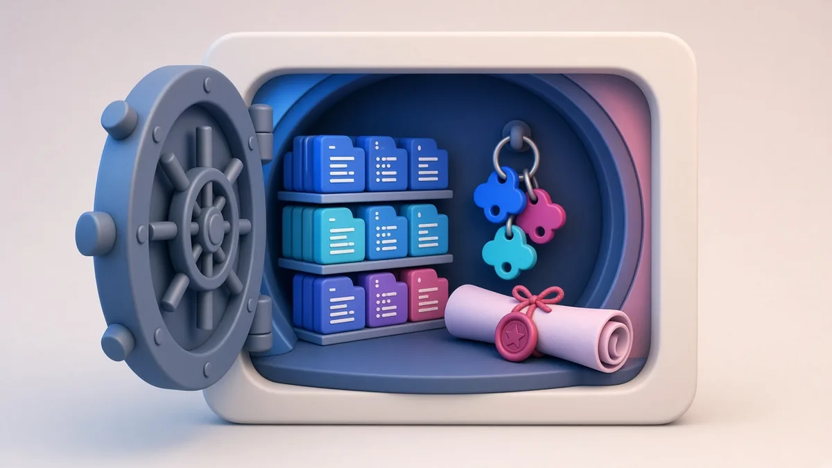 Illustration of a company securing code ownership with a vault, repository and contract