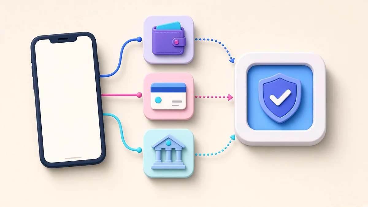 Illustration of e-wallet, card and bank payment options in a mobile app