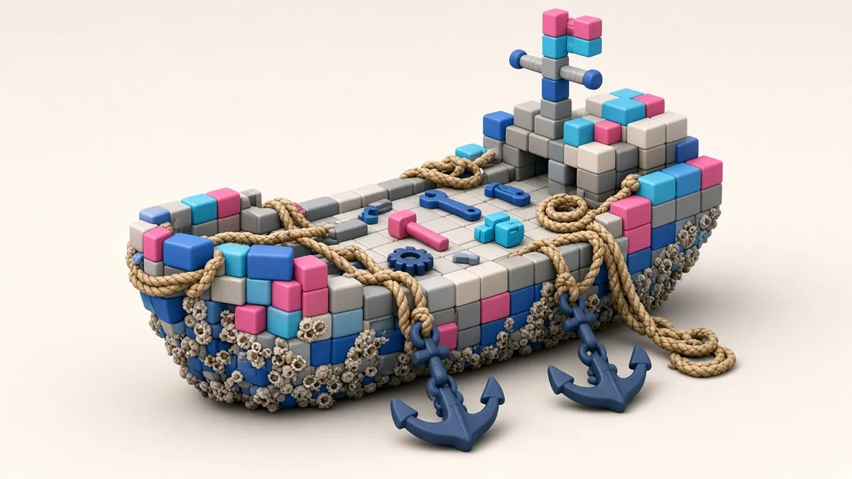 Illustration of a software product weighed down by technical debt