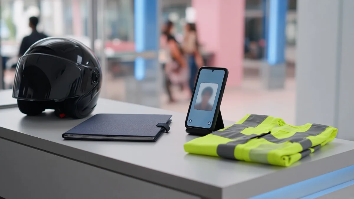 Rider onboarding documents and helmet on a registration desk