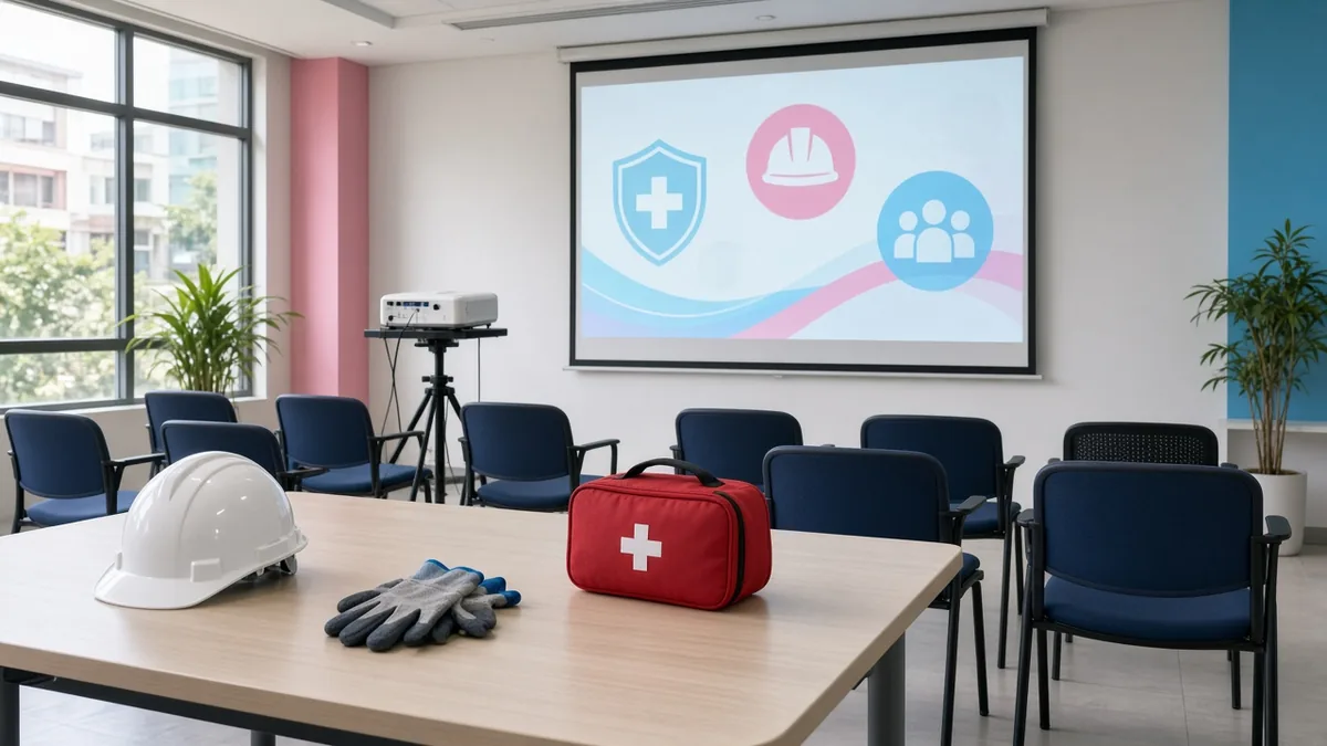 Rider safety gear and training materials in a training room