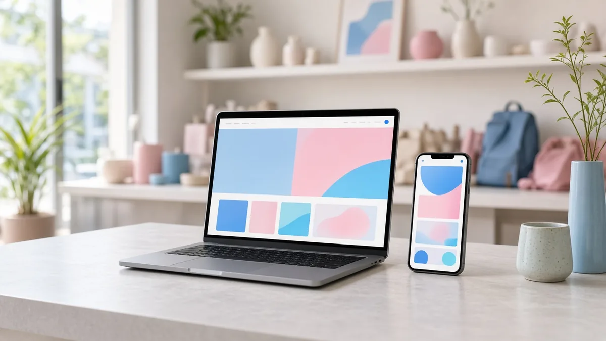 Small business website shown on laptop and phone in a bright shop