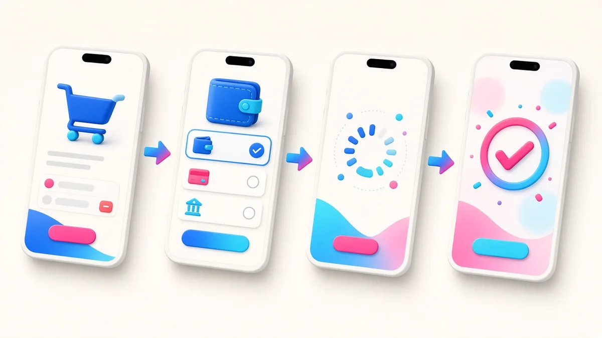 Illustration of an online checkout flow paying with an e-wallet