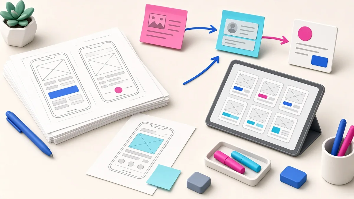 Wireframe sketches of a mobile app on paper and screen