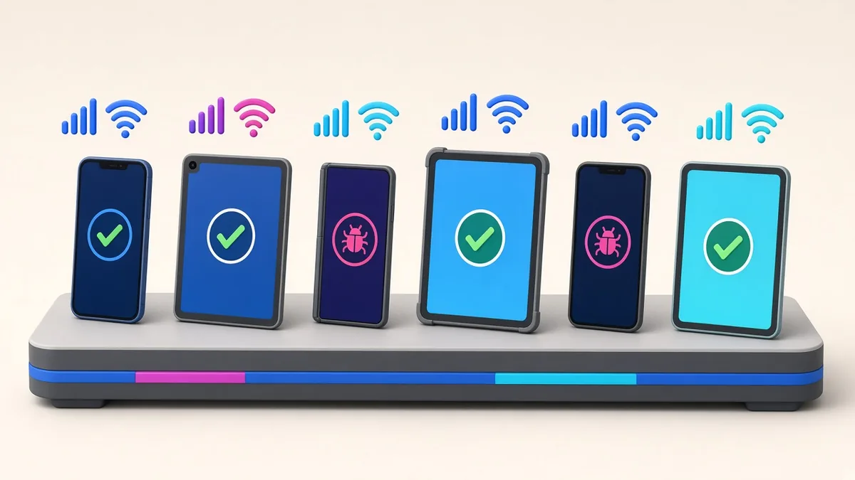Several smartphones on a test bench being checked on different networks