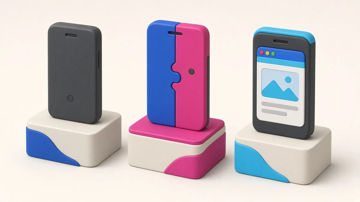 Illustration comparing native, hybrid and web apps on three phones